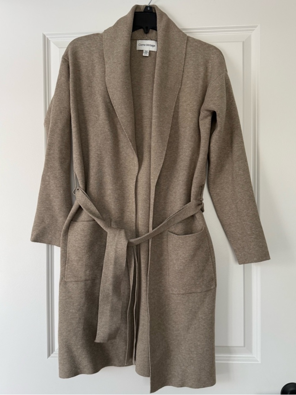 Como Vintage Taupe Belted Shawl Collar Cardigan